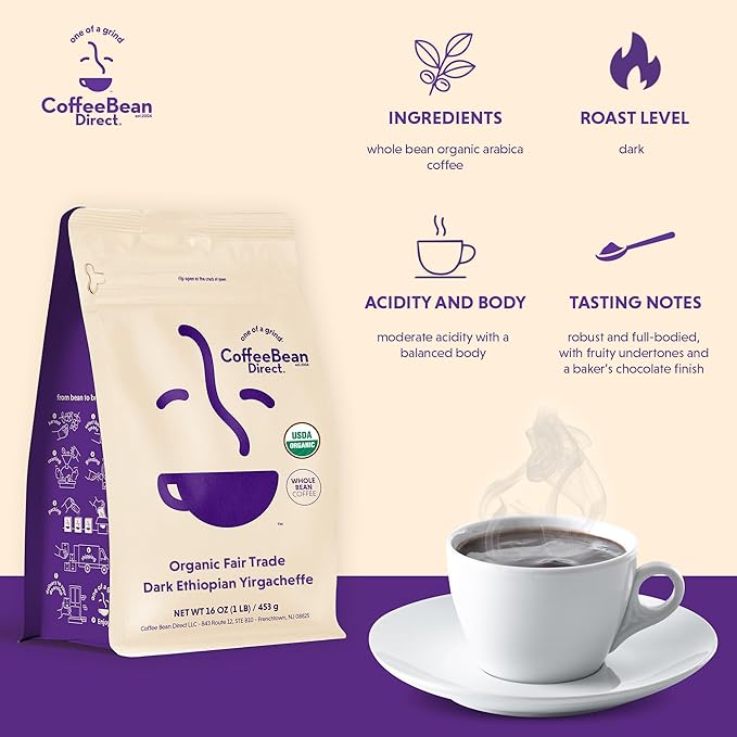 Coffee Bean Direct Organic Fair Trade Ethiopian Yirgacheffe Whole Bean Coffee Dark Roast 1 Pound Bag (Pack of 1)