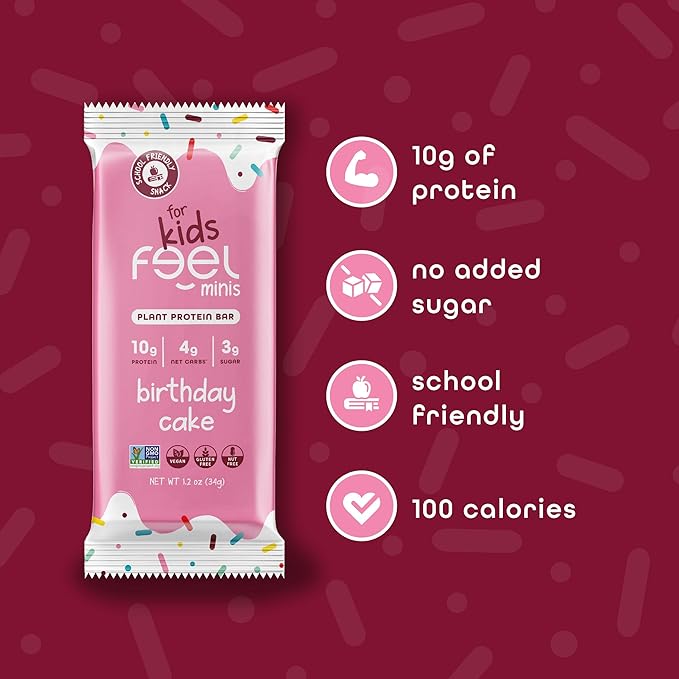 Feel Bar Minis – Kids Protein Bars | Birthday Cake | 10g Plant Protein | 100 Calories | No Added Sugar | + Daily Veggies | Gluten Free No Nuts No Soy No Dairy No Grains (12 Pack)