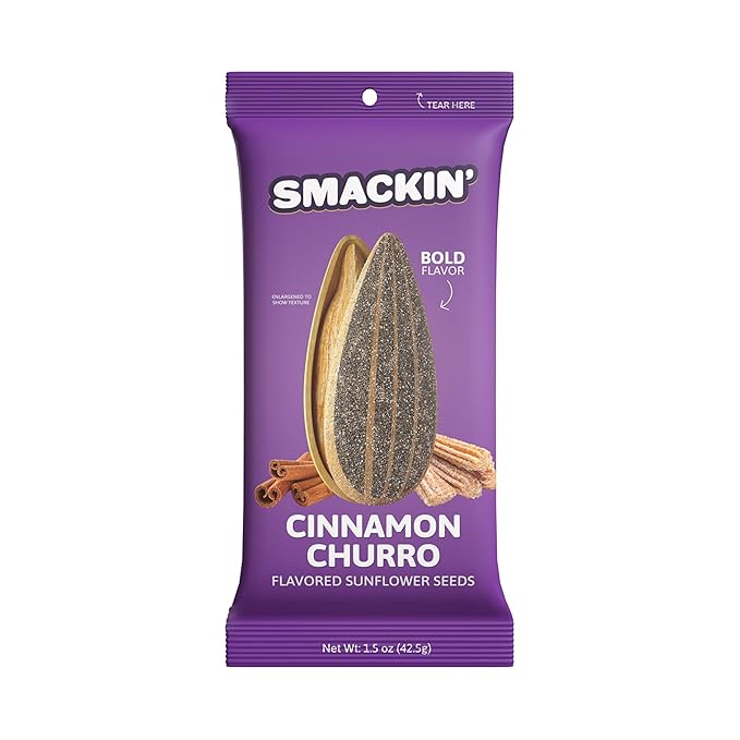 SMACKIN' Sunflower Seeds Roasted Jumbo Small-Batch American Made - Cinnamon Churro. 1.5oz bags (36 Pack)