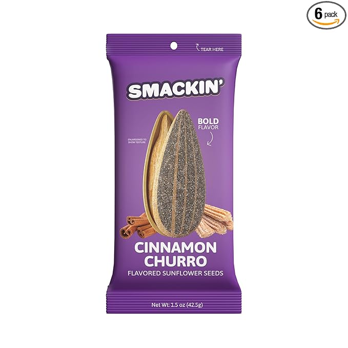 SMACKIN' Sunflower Seeds Roasted Jumbo Small-Batch American Made - Cinnamon Churro. 1.5oz bags (6 Pack)