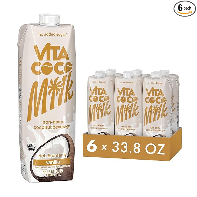 Vita Coco Vanilla Organic Coconut Milk Plant Based Dairy Free Milk Alternative - Gluten Free Soy Free and Unsweetened - Perfect Add to Cereal Smoothies Desserts -33.8 Fl Oz (Pack of 6)