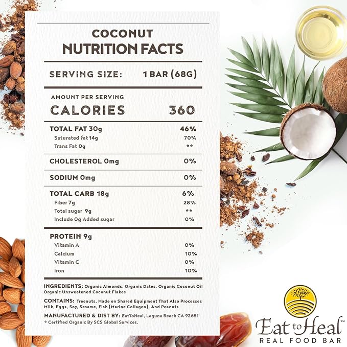 EatToHeal Coconut Real Food Bar - Organic Vegan Healthy Gluten Free Protein Bars - Low Sugar Meal Replacement Bar Non GMO Never Baked Plant Based - Crafted to Enjoy Not Sit on Shelves
