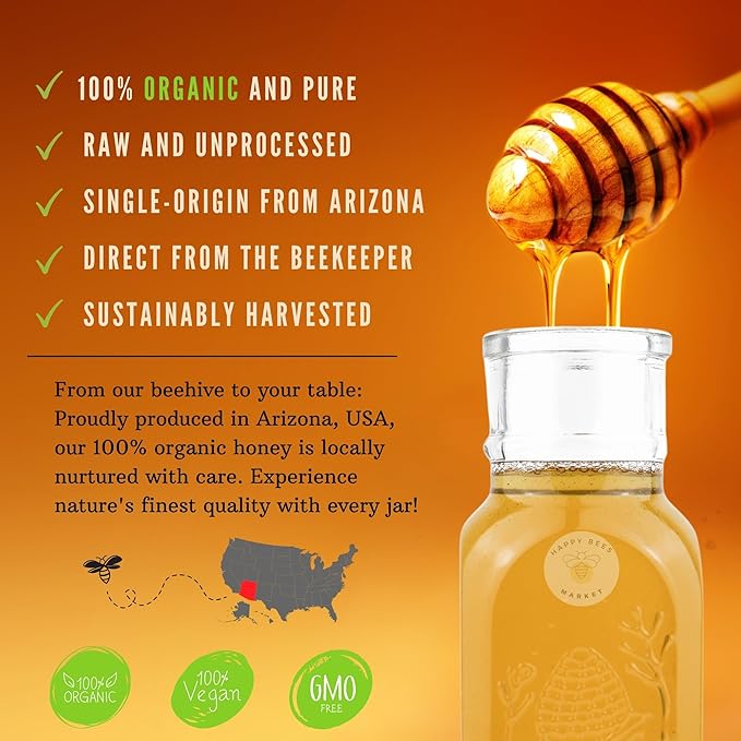 Happy Bees Market Organic Wildflower Honey – Pure Raw and Unfiltered | 100% Organic Arizona Wildflower Honey