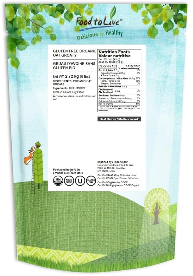 Food to Live Gluten Free Organic Oat Groats 6 Pounds – 100% Whole Grain Non-GMO Seeds Raw Non-Irradiated Vegan Bulk Berries. High in Protein Dietary Fiber Iron. Low Glycemic. Made in USA