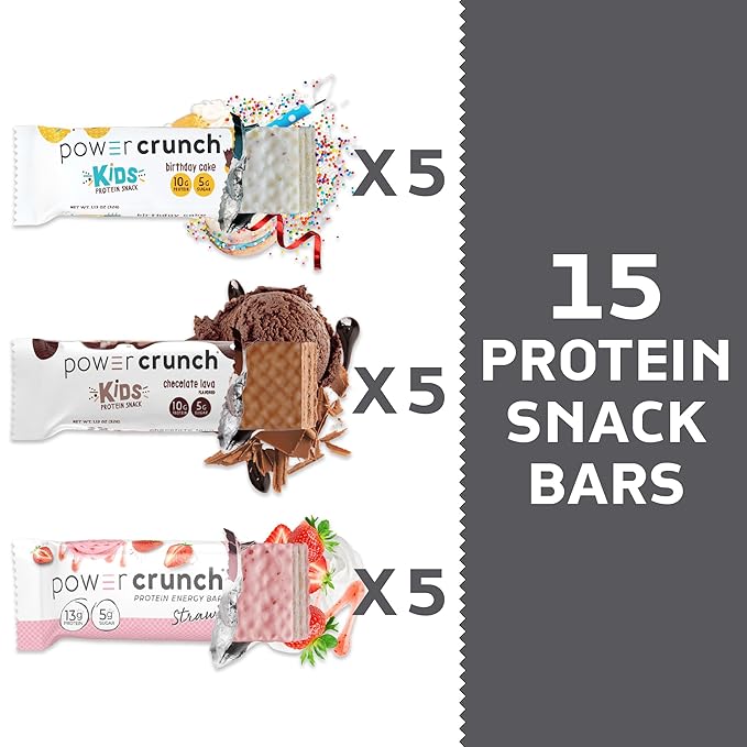 Power Crunch Protein Wafer Bars and Power Crunch KIDS Protein Bars Variety Pack (15 Count) High Protein Snacks with Delicious Taste