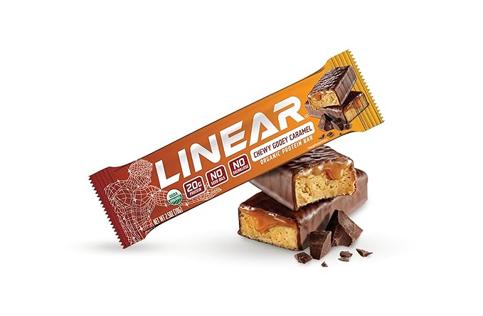 Linear Protein Bar Chewy Gooey Caramel 20g Organic Whey Protein 10g Fiber No Seed Oils No Sucralose USDA Certified Organic Ingredients Gluten Free Non-GMO Clean High Protein Snack Bar 12 Pac