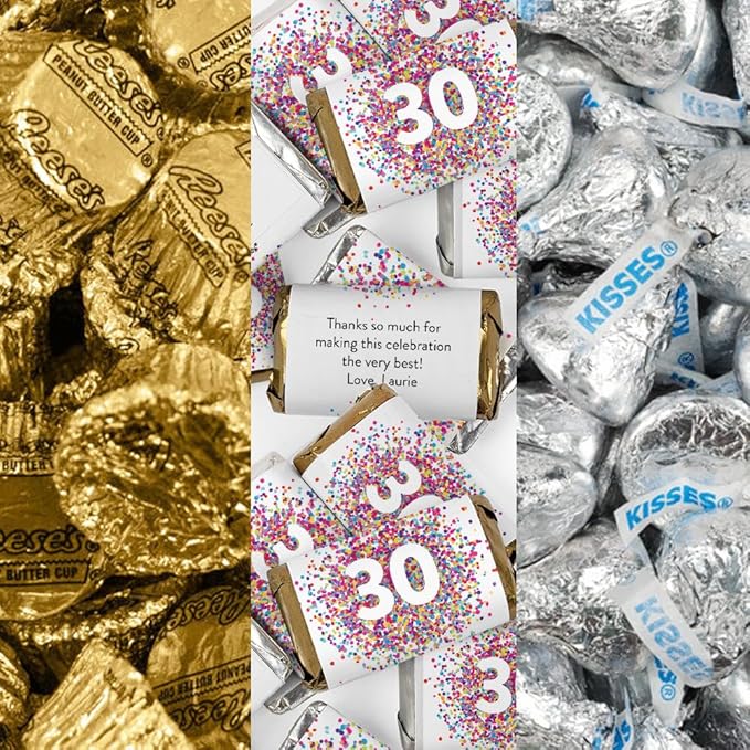 200pcs Personalized Birthday Candy Kit Party Favors for Guests Candy Buffet Supplies (Custom Wrapped Miniatures Kisses Peanut Butter Cups) - All Ages - Confetti