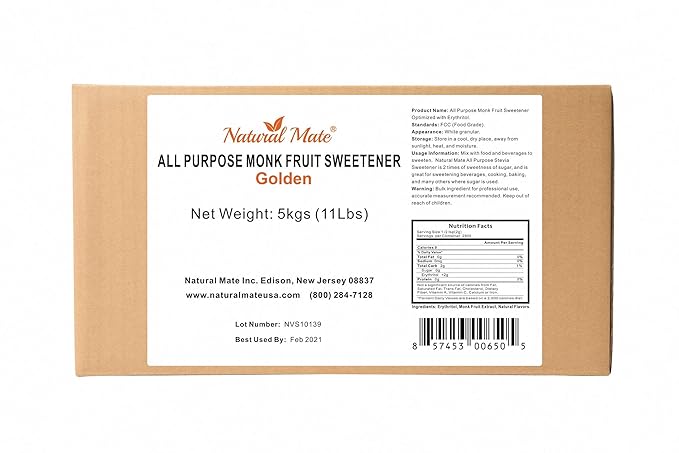 Monk Fruit Zero Calorie Sweetener (2x Sugar Sweet Golden) 5kg/11Lbs- Granular Powder Blended with Erythritol - Sweet Natural Alternative to Xylitol and Stevia - Sugar Replacement for Keto Paleo Lo