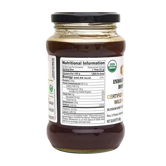INDIGENOUS HONEY USDA Certified Organic Raw Wild Blossom Honey Unfiltered Small-Batch Micro-Lot Harvest Glass Jar Single-Origin 17.64 oz