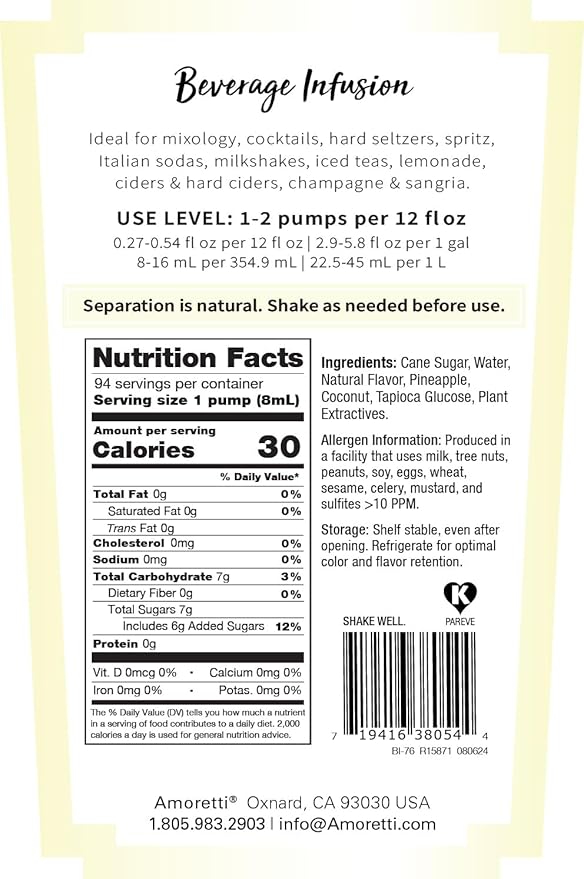 Amoretti - Pina Colada Beverage Infusion 94 Servings Per Bottle (750 ml) - Drink Mix &amp Water Enhancer with Pump for Flavoring Cocktails Waters Teas and other Beverages Preservative Free