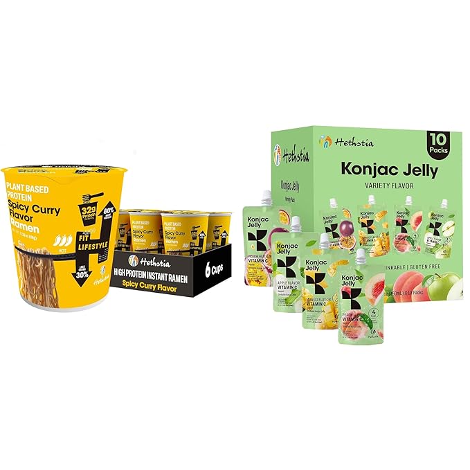 Hethstia High Protein Ramen &amp Konjac Jelly Bundle – Spicy Curry Protein Ramen Cups (6-Pack) with Drinkable Konjac Jelly Variety Pack (10 Pouches) Vegan Low Carb Low Calorie Healthy Meal &amp S