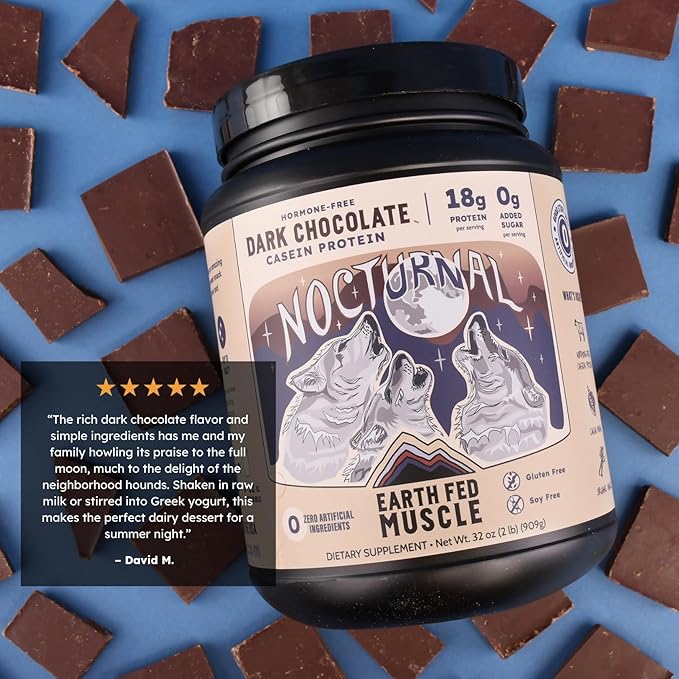 Earth Fed Muscle Nocturnal Casein Protein Powder – Dark Chocolate Protein Powder with Whey Blend – 18g Protein Sugar Free Gluten Free – Nighttime Recovery Protein Poweder – 2lb 23 Servings