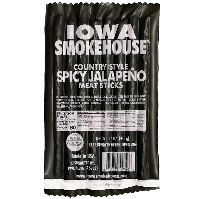 IOWA SMOKEHOUSE Country Style Meat Sticks Spicy Jalapeno- Delicious Meat Snack - Vacuum Sealed &amp Ready to Eat Sticks - 7g of Protein Made with all USA Pork - 16 Oz (16 sticks per pack)