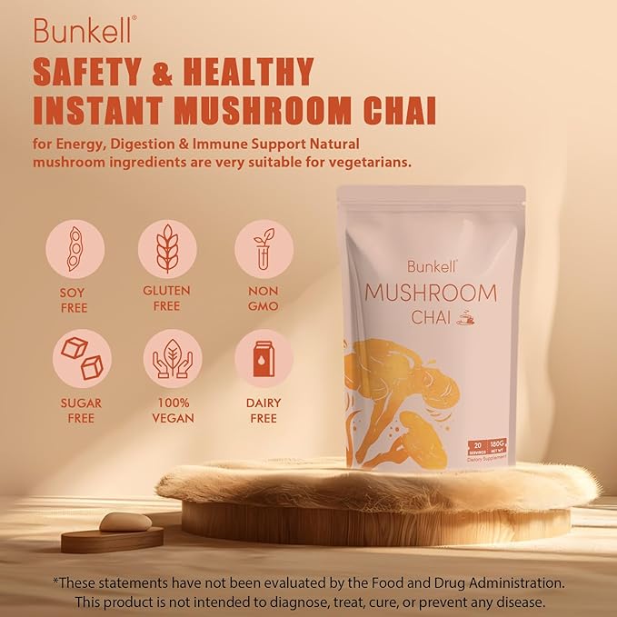 Bunkell Mushroom Chai Adaptogenic 6 Mushrooms with Lion's Mane Reishi Cordyceps Shiitake King Trumpet &amp Turkey Tail Chai Powder for Energy Focus Digestion &amp Immune Support 20 Servings
