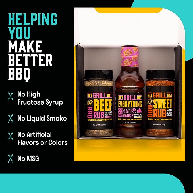 Hey Grill Hey | BBQ Seasoning and Barbeque Sauce Gift Set | Seasoning Set | Beef Rub Sweet Rub Everything Barbecue Sauce | Backyard BBQ Hero Trio