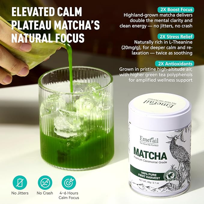 Emerail Ceremonial Grade Matcha Green Tea Powder Premium First Harvest Unsweetened 100% Pure Matcha for Lattes Smoothies and Baking (60g / 2.1oz)