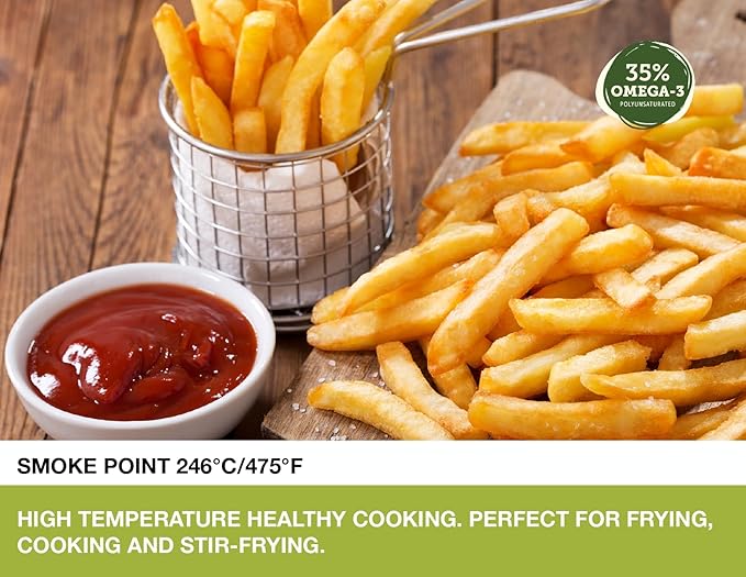 Signé Caméline. Virgin Camelina Oil. 1.32 gallons. Finishing and cooking oil. High in Omega-3. Smoke point 475 degrees fahrenheit. Substitute for olive oil. Produced in Canada.