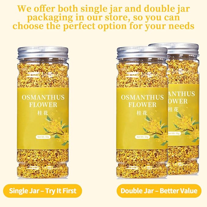 Wanhua Hall Pure Natural Osmanthus Flower Tea 1.76oz/50g Premium Osmanthus Fragrans Herb Gui Hua Dried Intact Blossoms Stem-Free Bright Golden Hue Rich Aroma 桂花 桂花干 无硫无杂