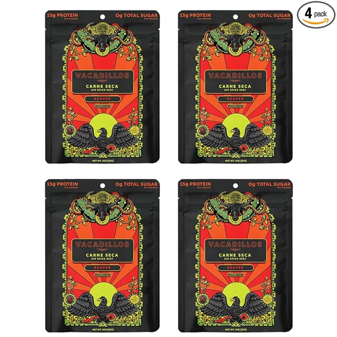 Vacadillos Beef Jerky Snack Packs Carne Seca Reaper 4-Pack