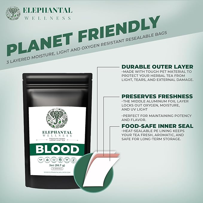 Elephantal Wellness Blood Herbal Tea – Herbal Loose Leaf Tea for Circulation &amp Internal Cleansing Support with Burdock Dandelion Nettle &amp Hawthorn – Caffeine-Free Wellness Tea 2oz 20 Servi