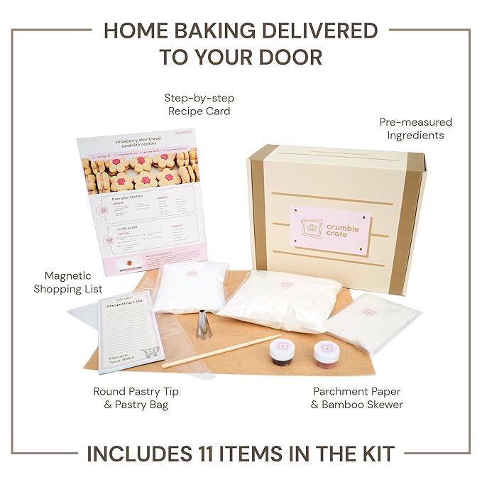 CrumbleCrate Strawberry Shortbread Sandwich Cookies DIY Baking Kit | Gourmet Cookie Making Set with Pre-Measured Ingredients &amp Tools | Baking Gift for Adults