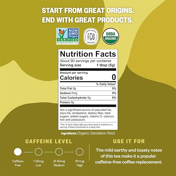 FGO Organic Dandelion Root Loose Tea Cut and Sifted Caffeine Free 16oz Bulk Resealable Bag Packaging May Vary (Pack of 1)