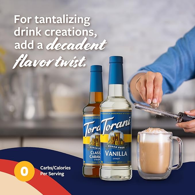 Torani Sugar Free Vanilla Syrup and Sugar Free Classic Caramel Syrup Variety 2-Pack Coffee Syrups for Drinks Pumps Included 25.4 Fl Oz Ea