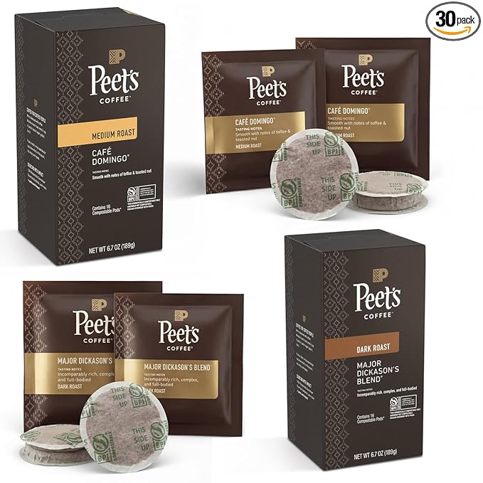 Peet’s Major Dickason’s &amp Domingo Coffee Pods – 32 Count (2 Packs of 16) – Dark Roast &amp Medium Roast Variety Pack with Bold Smooth Flavor – Compatible with Pelecom Coffee Machines – Peet’s Co