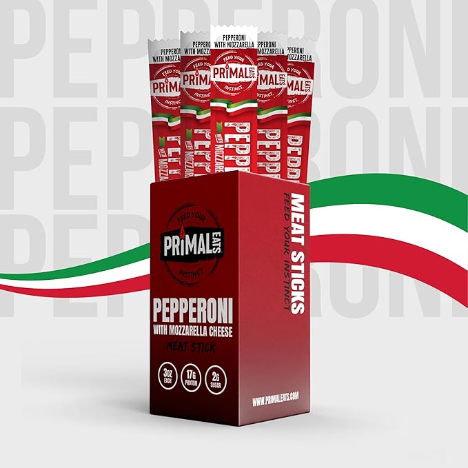 Primal Eats Pepperoni W/Mozzarella Beef Brisket Meat Sticks 3oz 10-Pack - 19g Lean Meat Protein Keto Paleo Carnivore Gluten Free low Sugar Beef Jerky Snack Stick
