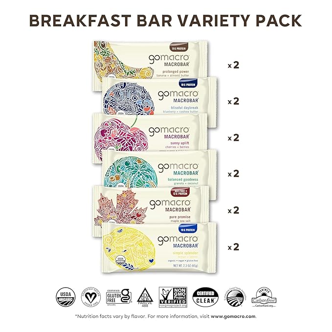 GoMacro Macrobar Organic Vegan Protein Bars Breakfast Variety Pack 12 Count