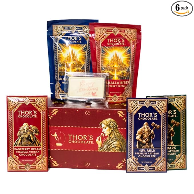Thor's Chocolate Artisan Valentine’s Day Chocolate Gift Box | Milk Dark Raspberry Pineapple Pretzel Gourmet Bean to Bar Small Batch Ethically Sourced Ultra Smooth Limited-Edition Seasonal Gif