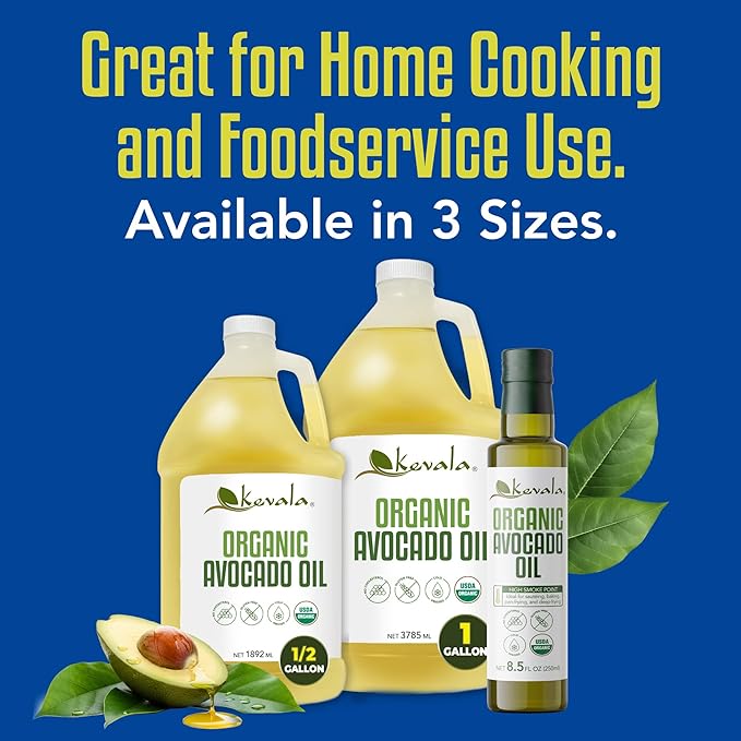 Kevala Organic Avocado Oil - 128 fl oz - 3.7 L - 1 Gallon - Avocado Oil for Cooking - Organic Cold Pressed – High Smoke Point – For Skin and Hair