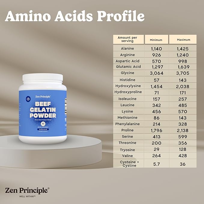 Zen Principle Grass-Fed Gelatin Powder 3 lb. Custom Anti-Aging Protein for Healthy Hair Skin Joints &amp Nails. Paleo and Keto Friendly. Cooking and Baking. GMO-Free and Gluten-Free. Unflavored.