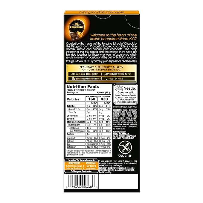 Perugina Dark Chocolate Orangello bar 3 Oz (Pack of 12)