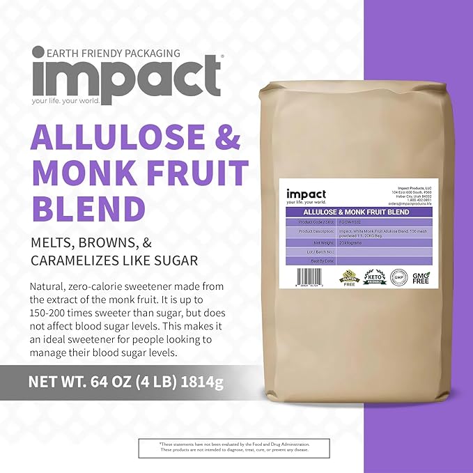 Impact Powdered Sweetener - Allulose &amp Monk Fruit Blend - Zero Calorie and Carb Keto-Friendly Sugar Substitute Bake &amp Cook Guilt-Free - 44 lbs