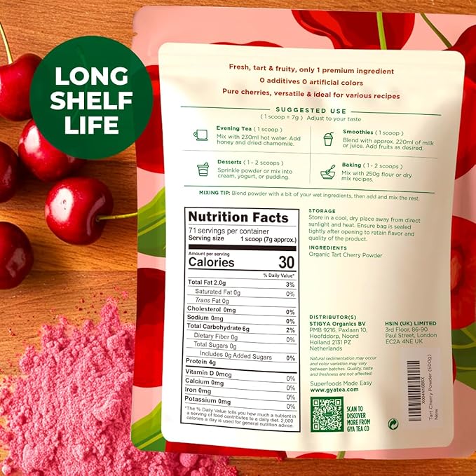 Gya Tea Co Organic Tart Cherry Extract Powder 1.1 lb (17.64 oz) - Superfood for Baking Tea Smoothies - Non-GMO Sugar-Free Gluten-Free Vegan Friendly