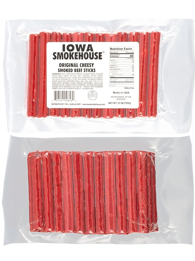 IOWA SMOKEHOUSE Smoked Beef Sticks Cheesy Original - Protein Meat Snack - Sealed &amp Ready to Eat Sticks Made in USA - 27 oz