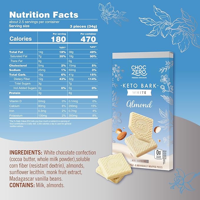 ChocZero Keto Bark White Chocolate Almond No Added Sugar High Fiber Low Carb No Sugar Alcohols No Artificial Sweeteners 3.2 Ounce (Pack of 4)