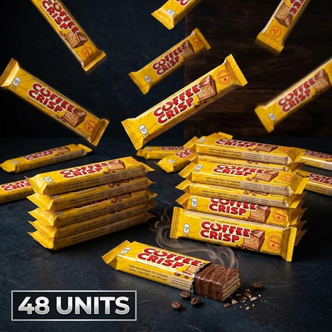 Coffee Crisp Chocolate Candy Bars Full Size 50g / 1.76oz (48 Bars) – Crispy Wafer Layers with Coffee-Flavored Cream Covered in Milk Chocolate Individually Wrapped Bulk Chocolate Candy for Sharing P