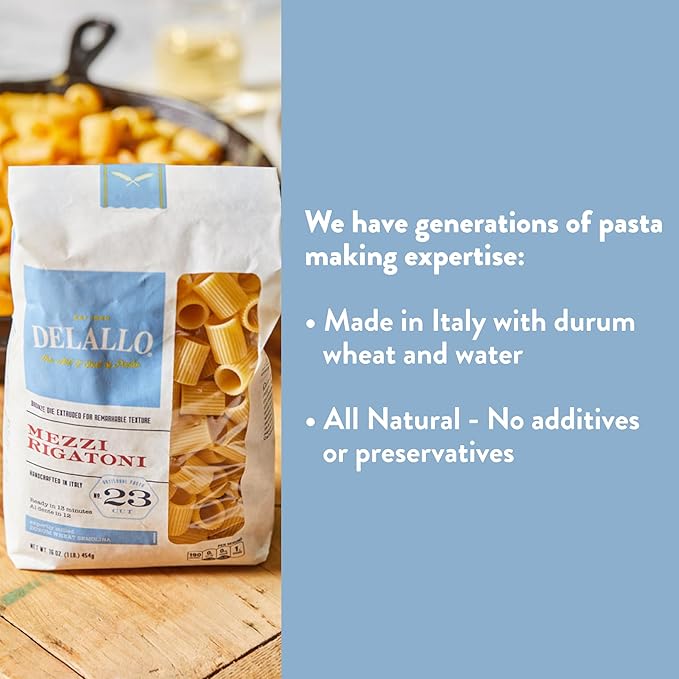 DeLallo Mezzi Rigatoni Pasta 1 Pound Bag Made with Only 100% Durum Wheat Semolina Flour Made in Italy Bronze Cut Non-GMO Kosher Vegan (7 Pack)