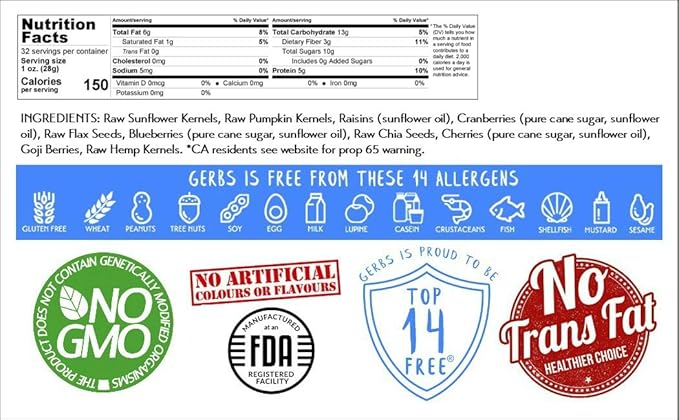 Gerbs Superfood Snack Mix 2 lbs. | Raw Seeds &amp Unsulfured Sweetened Dried Fruit Resealable Bag | Sweet-Tart Fruit Meets Crunchy Seeds | Top 14 Allergen-Free