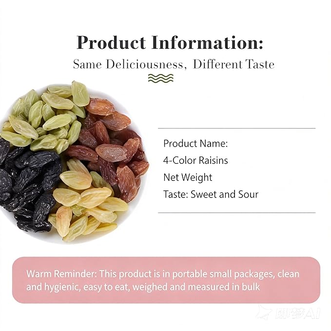 4-in-1 Colorful Seedless Raisins - Individually Wrapped Snack Packs With 4 Flavors No Mess Perfect For Baking &amp On-the-Go(9g*20 packs)