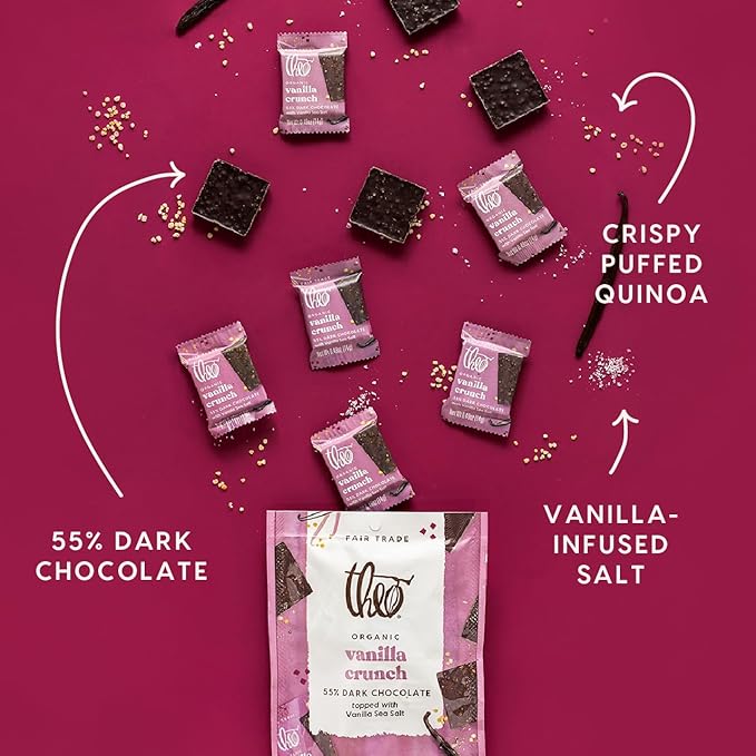 Theo Organic 55% Dark Chocolate Squares Vanilla Crunch w/Vanilla Sea Salt 6 Pouches (7 Individually Wrapped Singles per Pouch) 42 Pieces Vegan Fair Trade