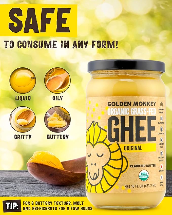 GOLDEN MONKEY Organic Ghee Butter – Grass Fed Clarified Butter for Cooking Baking Keto &amp Gut Health – Ghee Butter Organic Grass Fed from Small Farms – Smooth Spread with High Smoke Point (16oz)