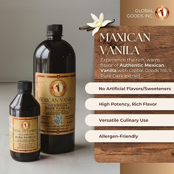 Pure Dark Mexican Vanilla Extract Gluten-Free Vanilla for Baking Cakes Cookies Desserts Coffee &amp Beverages (1 Liter / 33.81 fl oz) – Natural No Coumarin Bold Flavor