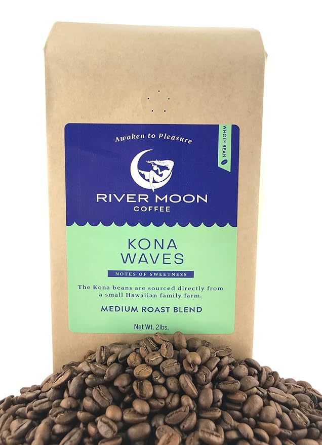 River Moon Coffee Kona Coffee Whole Bean Medium Roast 2 lbs Kona Waves Hawaiian Blend Sustainably Farmed 100% Arabica