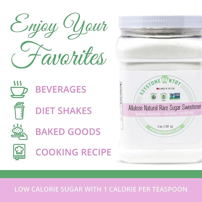 Keystone Pantry - Allulose Sweetener Low Calorie and Low Carb Sugar Substitutes Natural Allulose Sugar Substitute Gluten Soy and Sugar Alcohol-Free 3 Lbs.