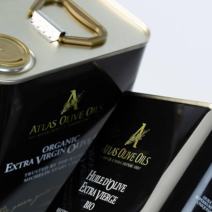A ATLAS OLIVE OILS Bulk Organic Cold Pressed Moroccan Extra Virgin Olive Oil Polyphenol Rich Newly Harvested Unprocessed from One Single Family Farm Cold Press Ext. Virgin 170 Fl Oz (Pack of 1)