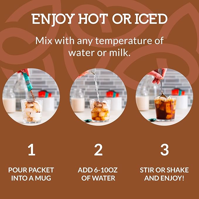 Cusa Tea &amp Coffee Mocha Cold Brew. Premium Instant Coffee Rainforest Alliance Certified Arabica Beans. Drink Mix Packets Ready in Seconds Makes Hot or Iced Coffee (30 Servings)