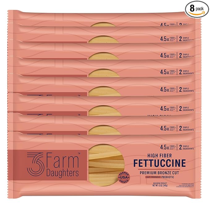 Three Farm Daughters High Fiber Pasta Fettuccine Pack Irresistible Low GI Non GMO Fettuccine Pasta Noodles Low Net Carb Made in the USA from Just 2 Simple Ingredients 12 oz. (8 Pack)